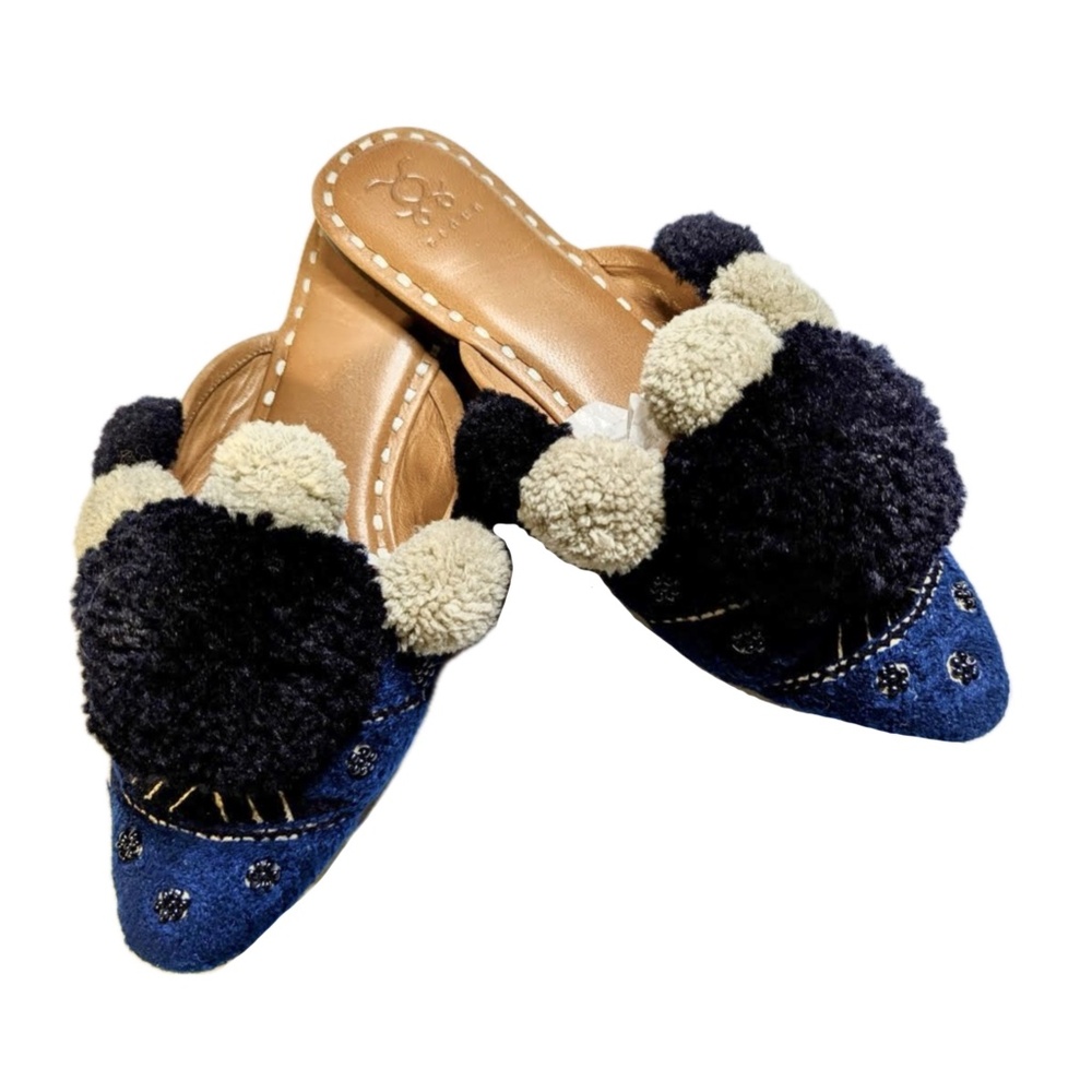 Figue iris slide pom pom mules indigo blue beaded size 9 preowned
